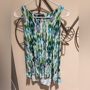 Rose & Olive Blue Green Ikat-Print Sleeveless Tank, Size S